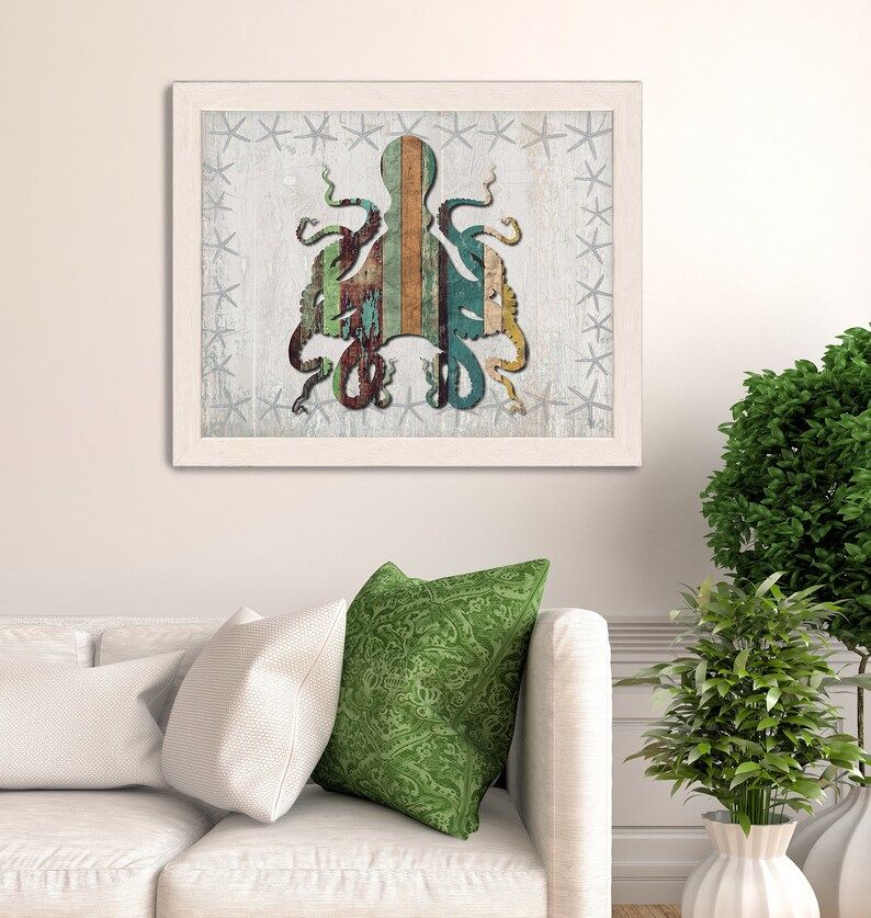 Distressed Wood Octopus 1: Nautical Print Coastal Wall Art | Etsy In Distressed Wood Wall Art (View 15 of 15)