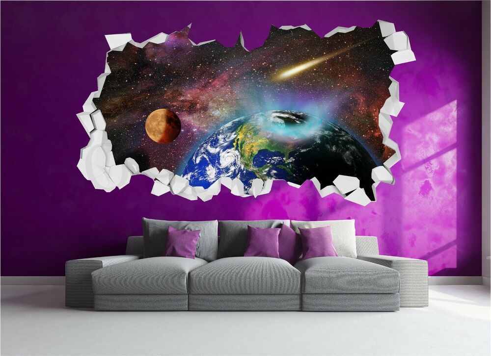 Earth Space Planets Stars Brick Crumbled Wall 3D Wall Art Sticker Decal In Earth Wall Art (View 10 of 15)