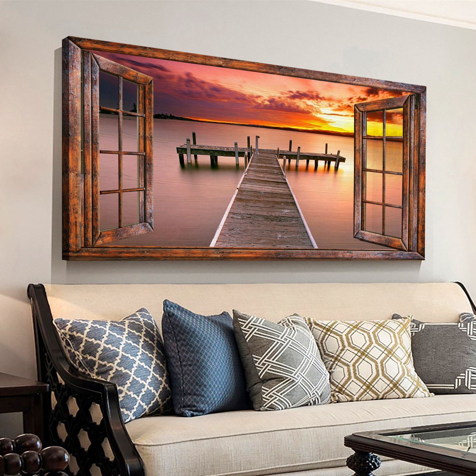 Faux Window Canvas Prints Beautiful Pier In Lake At Sunset Nature Decor With Sunset Wall Art (View 1 of 15)