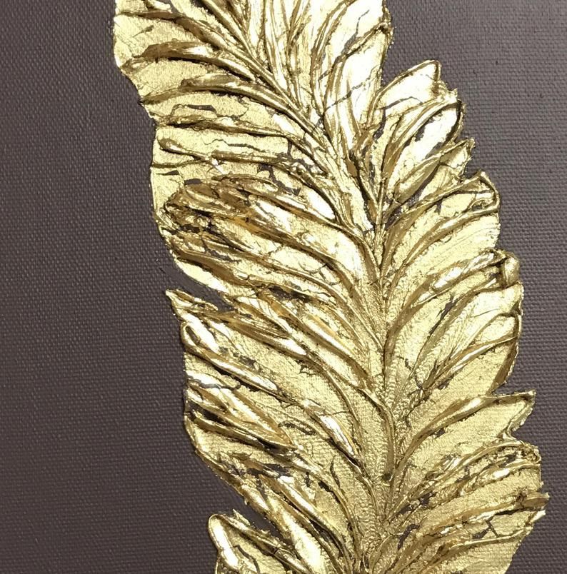 Feather Wall Art Gold Leaf Painting Textured Wall Decor | Etsy In 2020 Intended For Gold Leaves Wall Art (View 10 of 15)