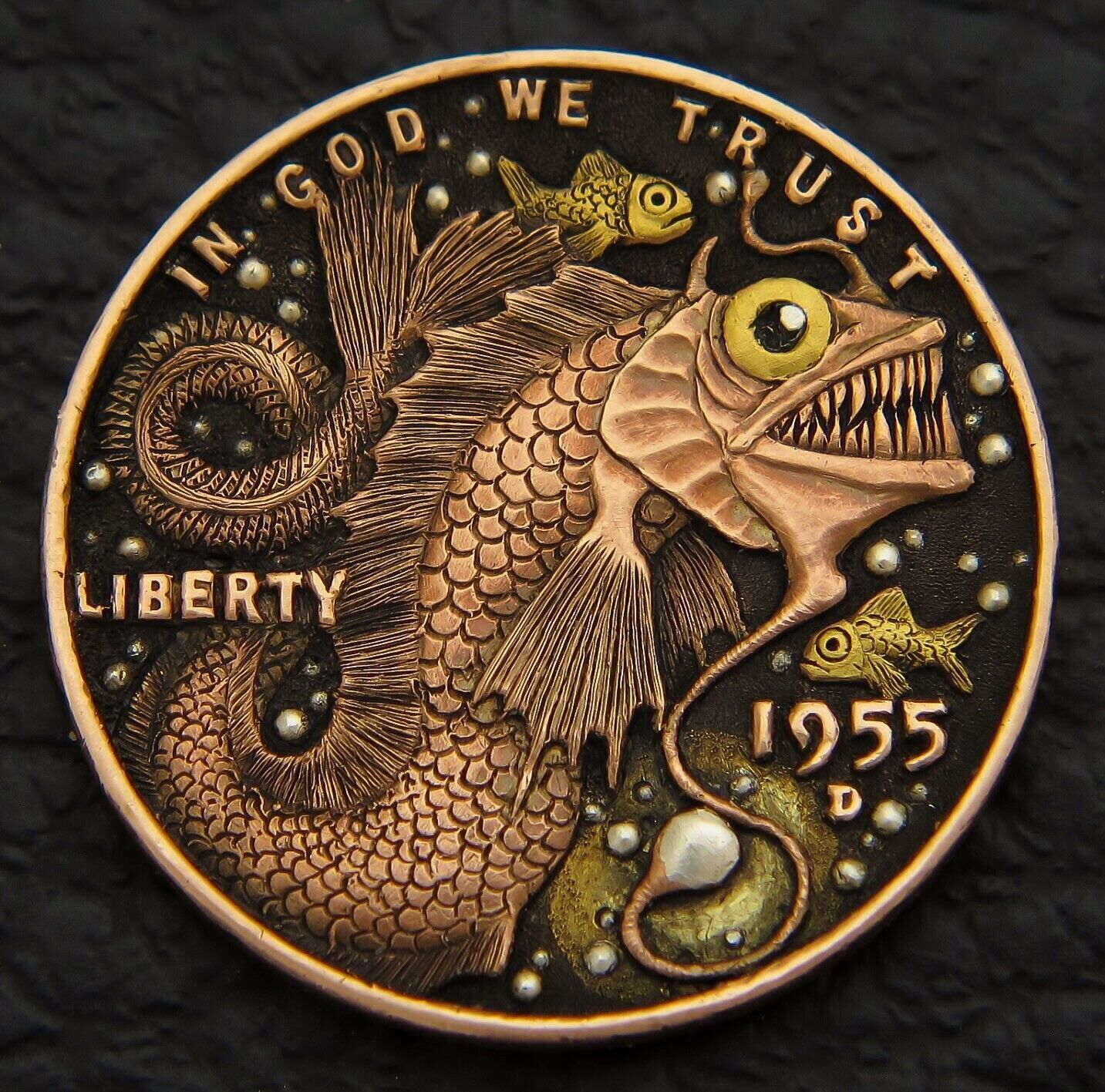 Fish Hand Carved With Inlaid On A Penny | Hobo Nickel, Coin Art, Hobo Art Pertaining To Nickel Metal Wall Art (View 7 of 15)