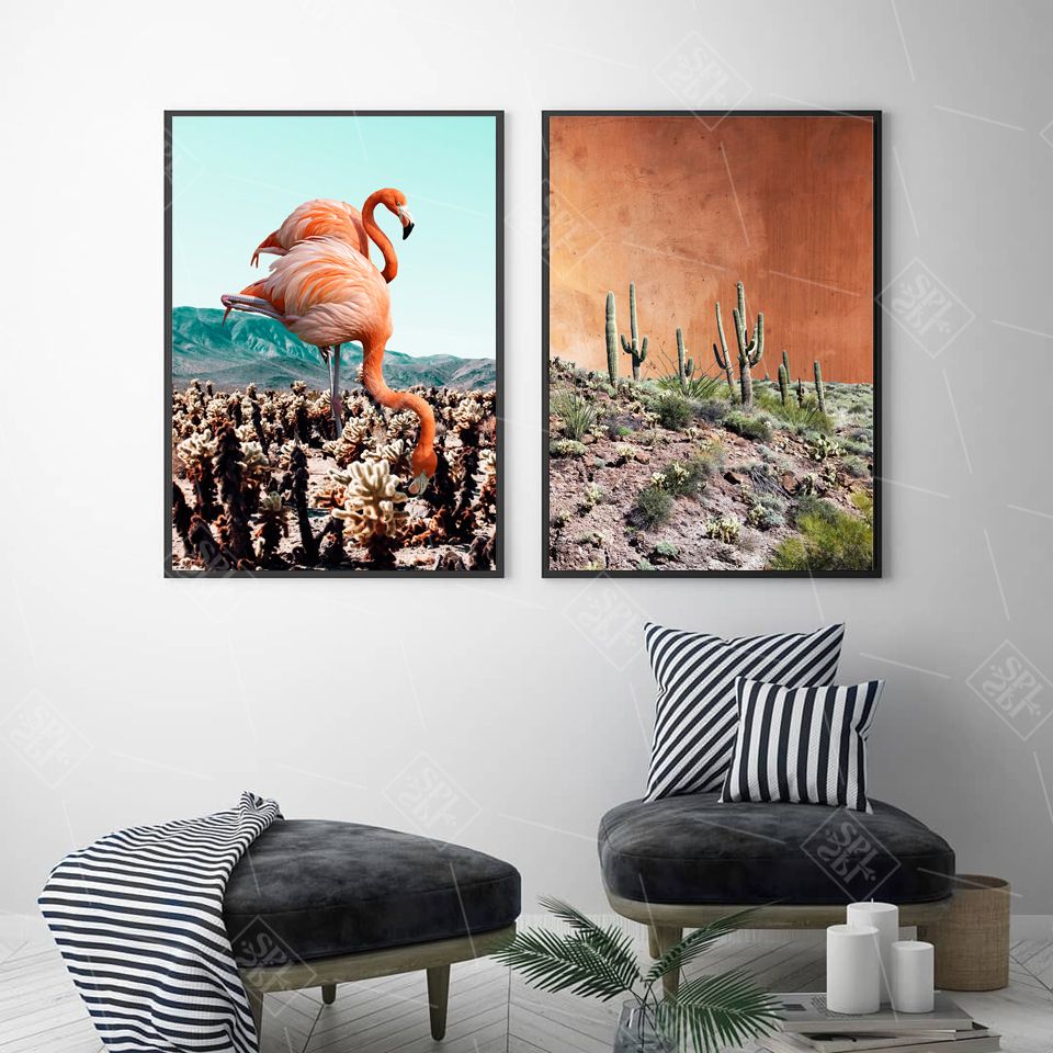 Flamingo Animals Canvas Painting Modern Landscape Desert Wall Art With Desert Palms Wall Art (View 9 of 15)