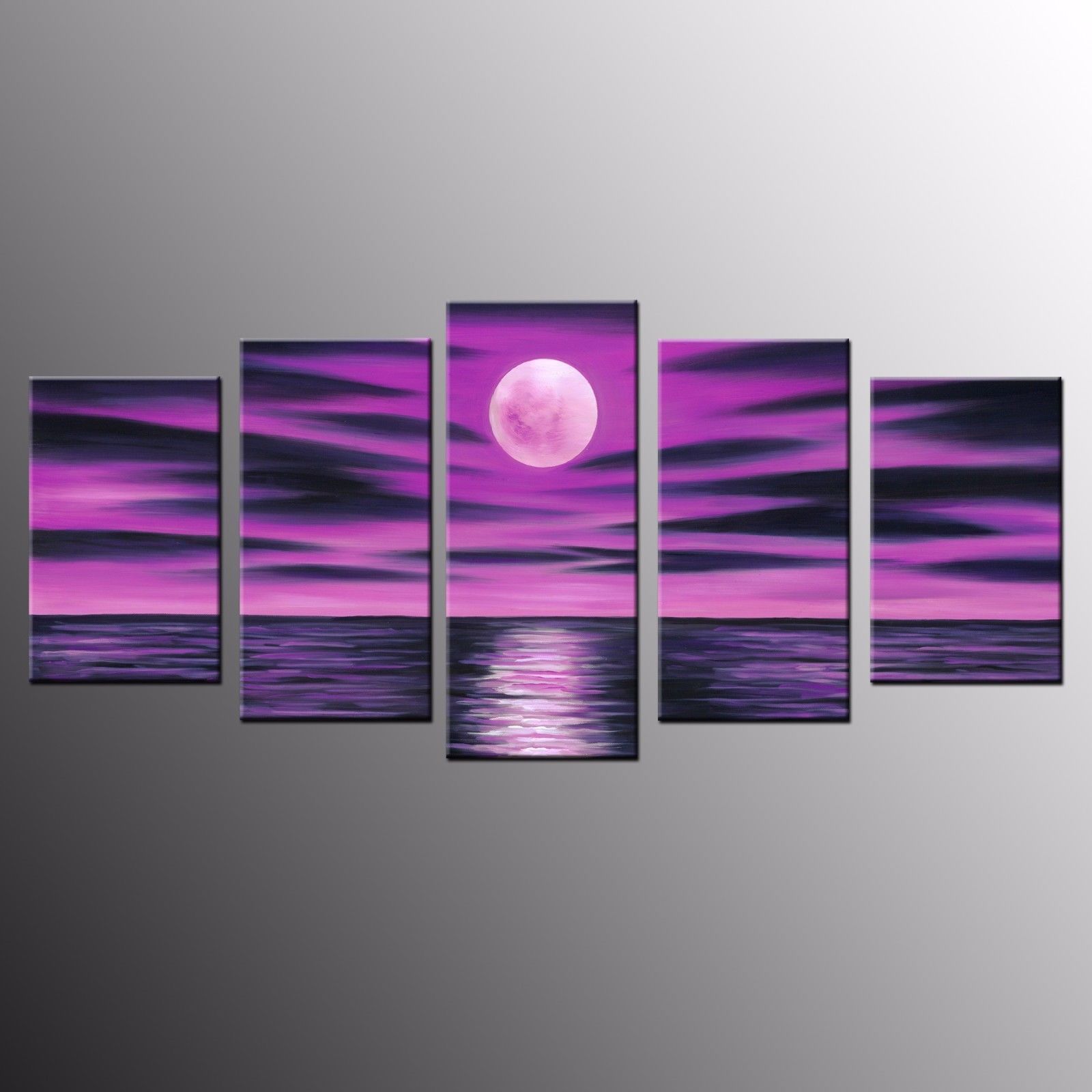 Framed 5 Panel Purple Moon Oil Canvas Print Painting Wall Art Picture In Moonlight Wall Art (View 15 of 15)