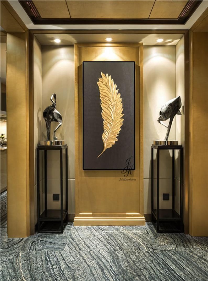 Gold Leaf Painting Feather Wall Decor Textured Painting Above Bed Art Throughout Gold Leaves Wall Art (View 8 of 15)