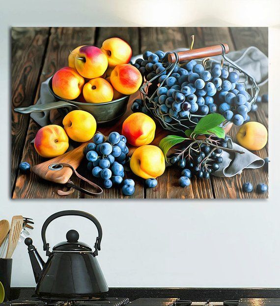 Grapes & Peaches Canvas, Fruit Art, Kitchen Wall Art, Fruit Print With Grapes Wall Art (View 14 of 15)