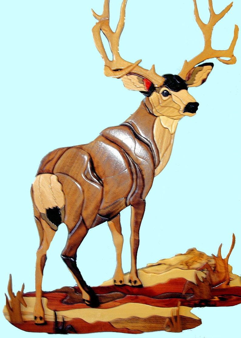 Handcrafted Standing Mule Deer Intarsia Wood Art Wall | Etsy Intended For Deer Wall Art (View 1 of 15)