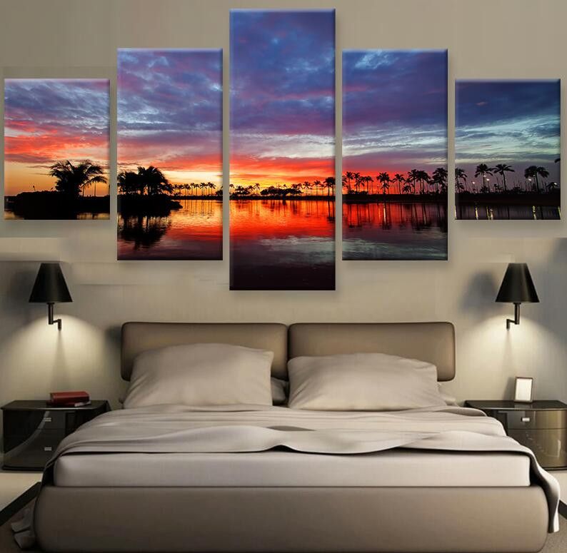 Hawaii Sunset Hd Print Canvas Painting Wall Art 5 Pieces Prints Home In Sunset Wall Art (View 5 of 15)