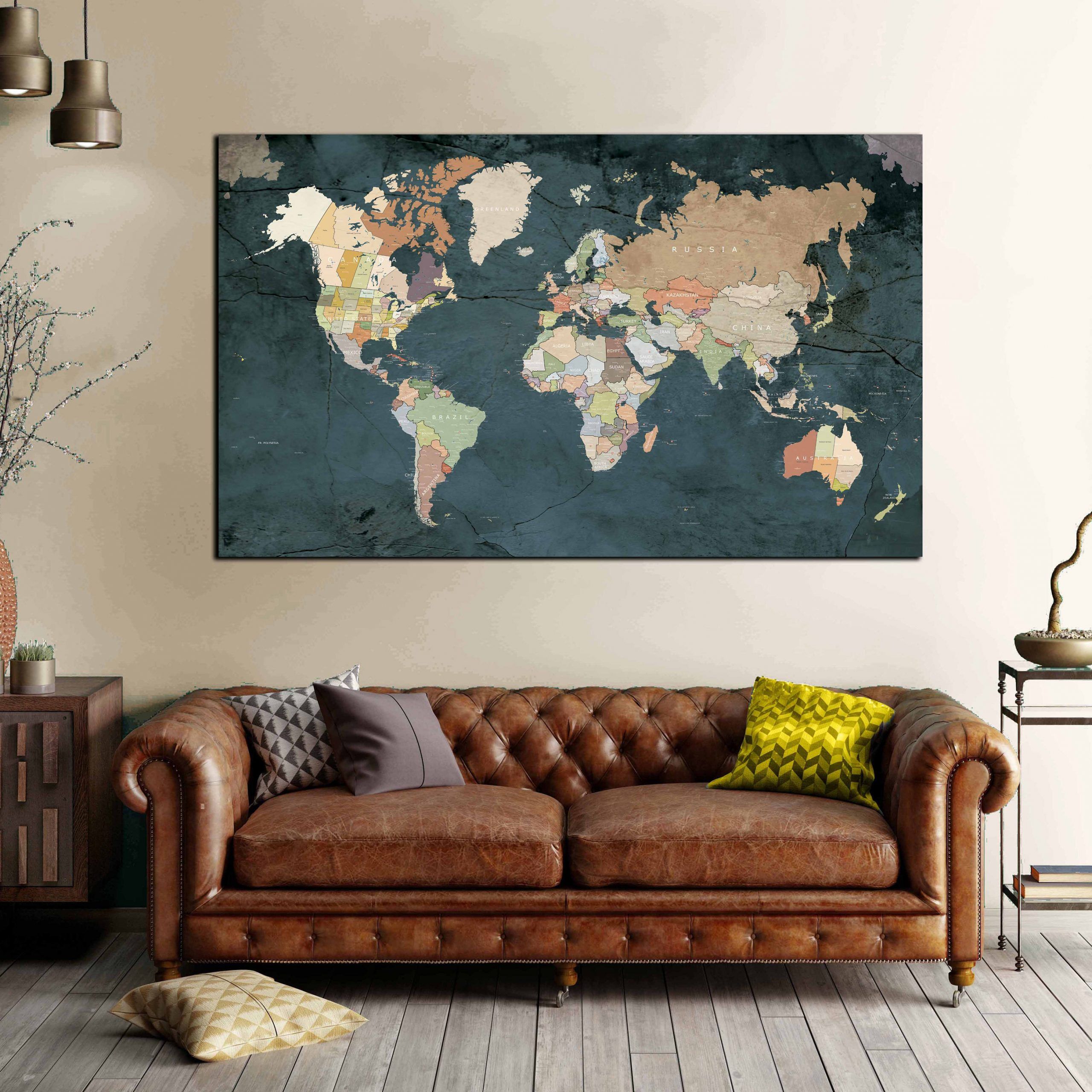 Highly Detailed World Map Art, World Map Wall Art, World Map Large Intended For Globe Wall Art (View 9 of 15)