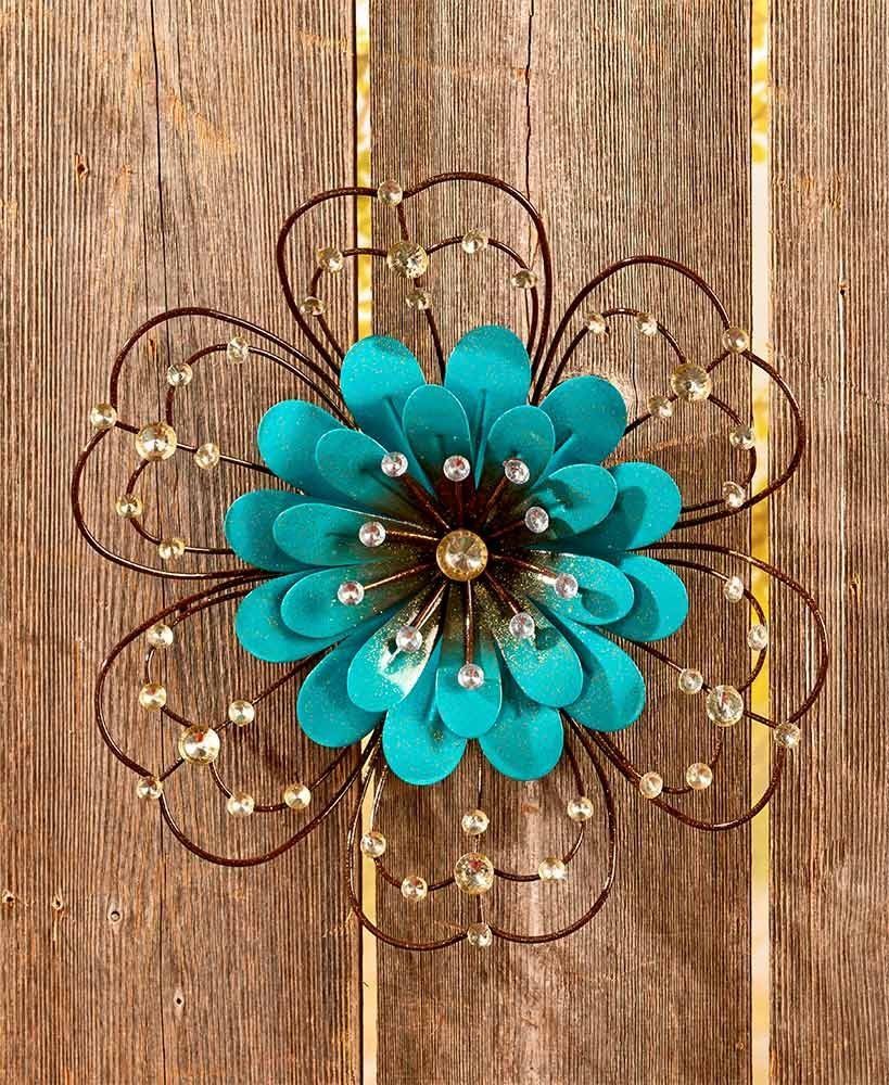 Jeweled Metal Wall Flowers – Blue, Brightly Colored Jeweled Metal Wall Pertaining To Textured Metal Wall Art Set (View 7 of 15)