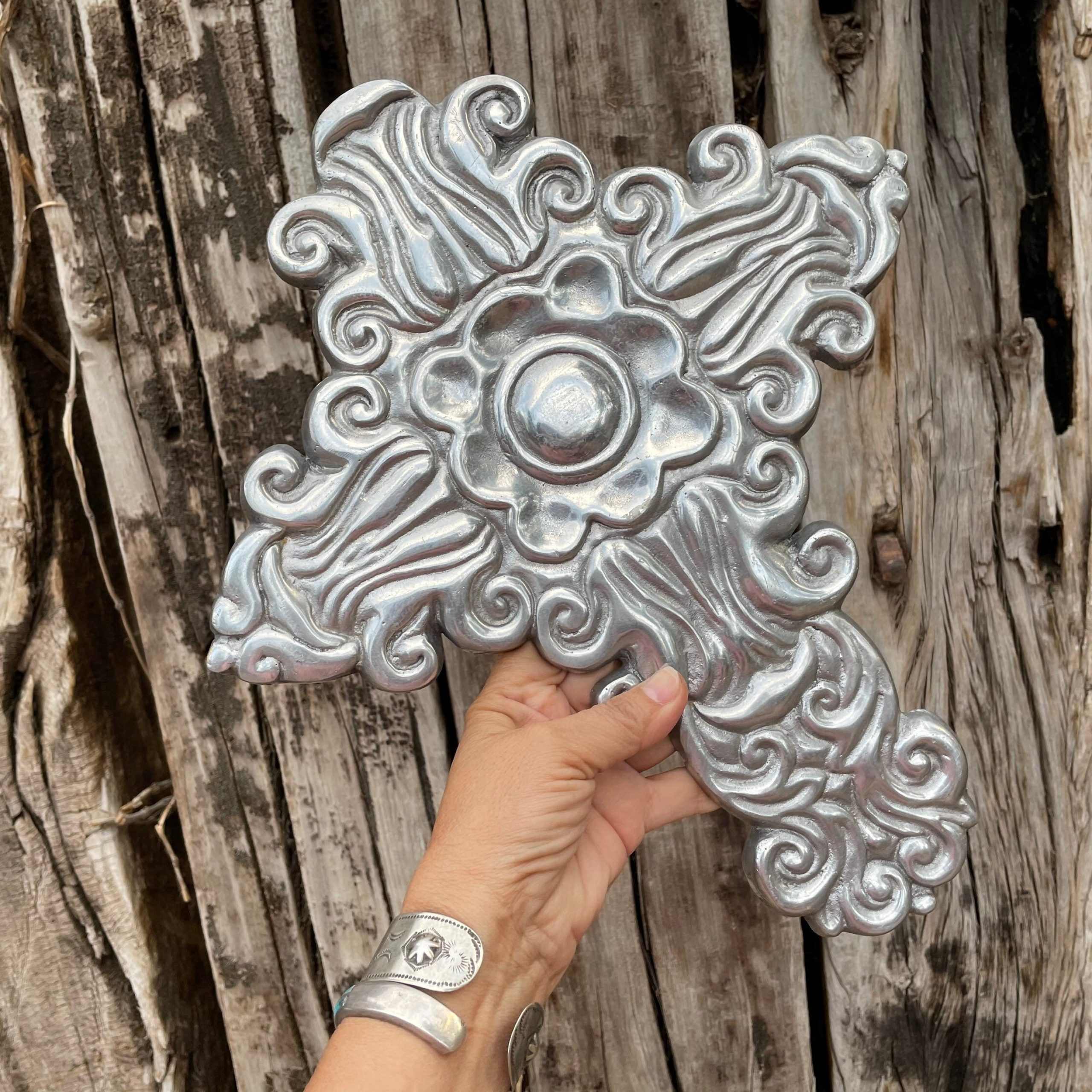 Large Mexican Wall Cross Pewter Metal Cross Wall Hanging Spanish Decor Within Pewter Metal Wall Art (View 5 of 15)