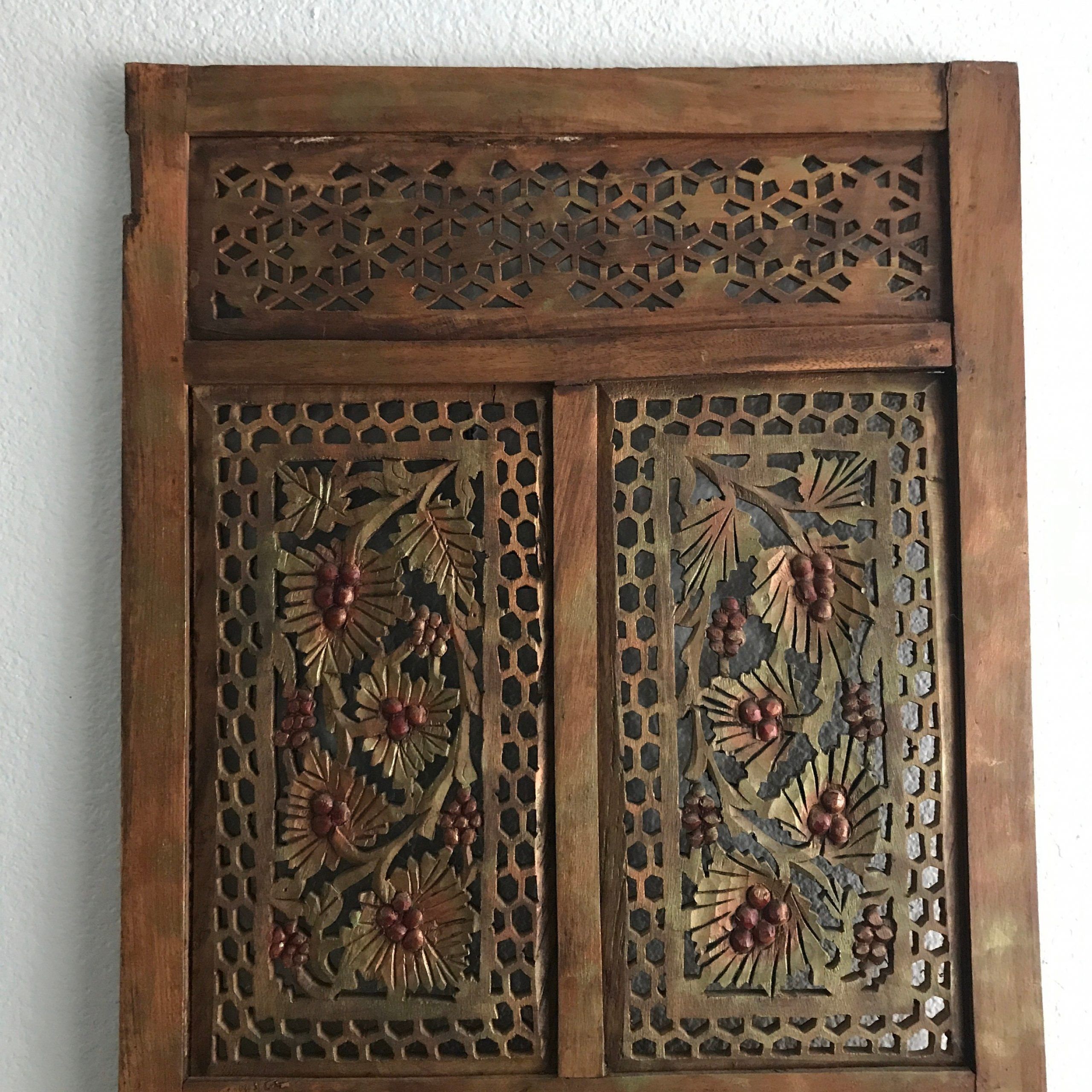 Large Ornate Bohemian Carved Wooden Wall Art Panel / India Carved Wood Inside Filigree Screen Wall Art (View 1 of 15)