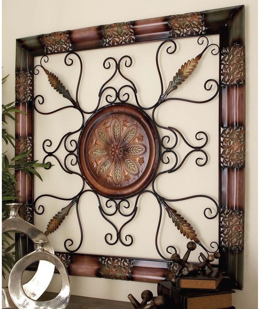 Large Square Old World Metal Wall Art Sculpture Scrollwork W/Floral In Painted Metal Wall Art (View 11 of 15)