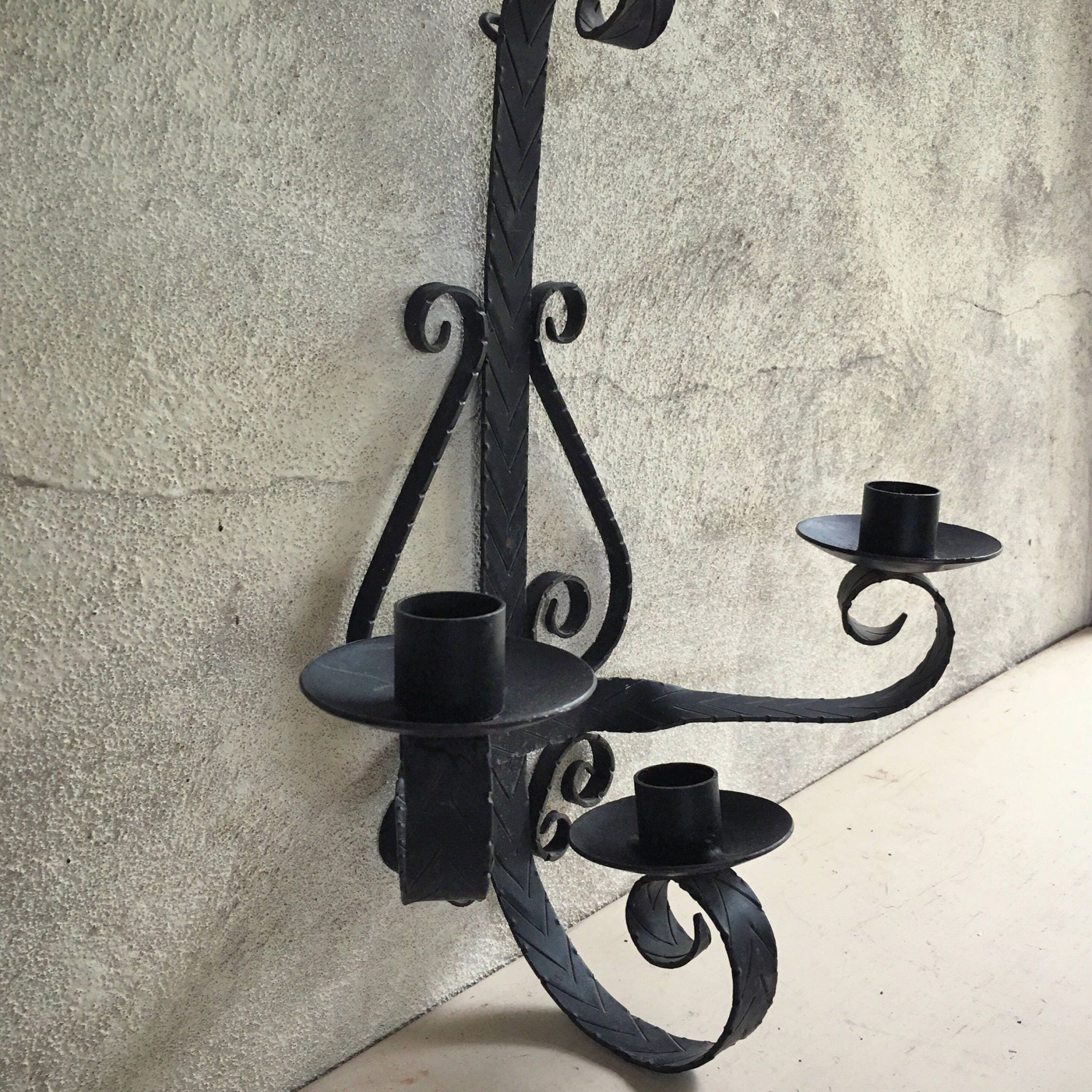 Large Vintage Mexican Hand Forged Wrought Iron Candelabra Wall Sconce Throughout Hand Forged Iron Wall Art (View 14 of 15)