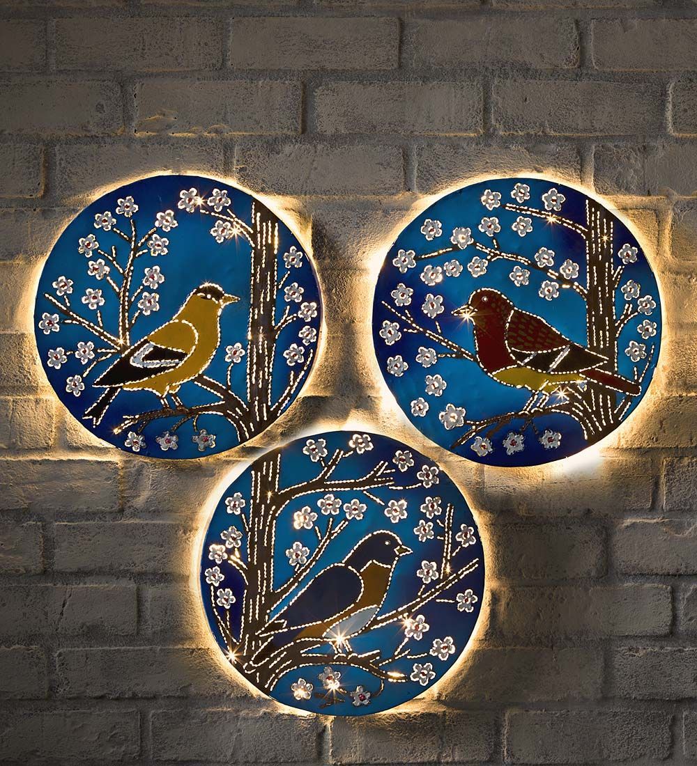 Lighted Metal Bird Wall Art| Deck & Patio Accents | Metal Bird Wall Art With Birds Metal Wall Art (View 1 of 15)