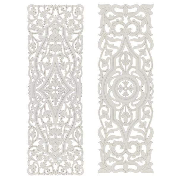 Litton Lane Large White Handcarved Rectangular Carved Wood Wall Decor Inside Swirly Rectangular Wall Art (View 10 of 15)