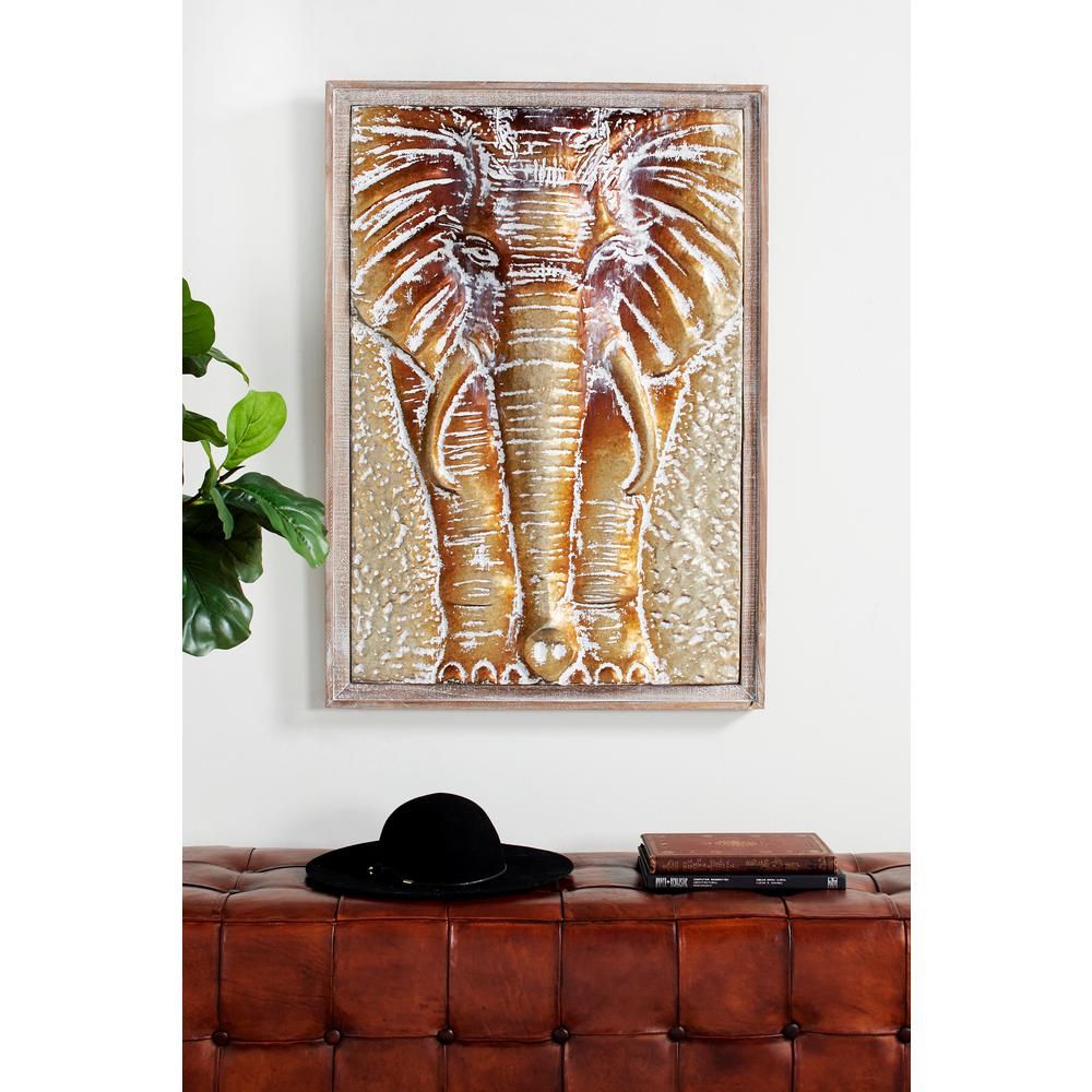 Litton Lane Rectangular Framed Wood And Metal Bronze And Gold Elephant Pertaining To Square Bronze Metal Wall Art (View 5 of 15)