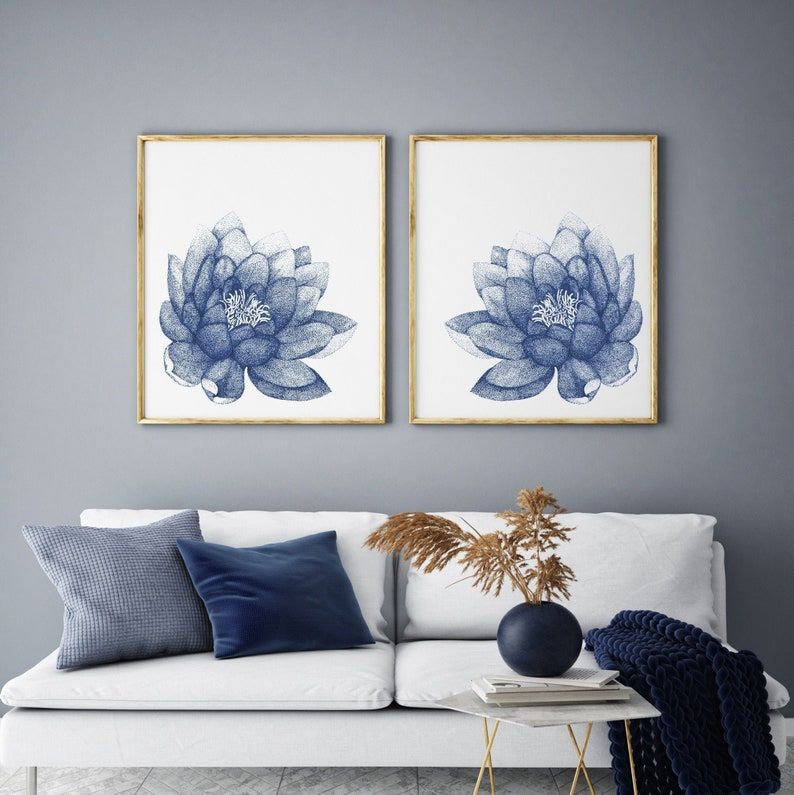 Lotus Flower Navy Blue Wall Art Set Of 2 Printables For Living | Etsy For Blue Morpho Wall Art (View 11 of 15)