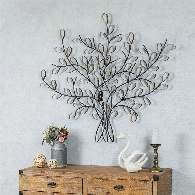 Luxen Home Iron Metal Tree Wall Sculpture In Black – Wha563 For Brass Iron Wall Art (View 10 of 15)