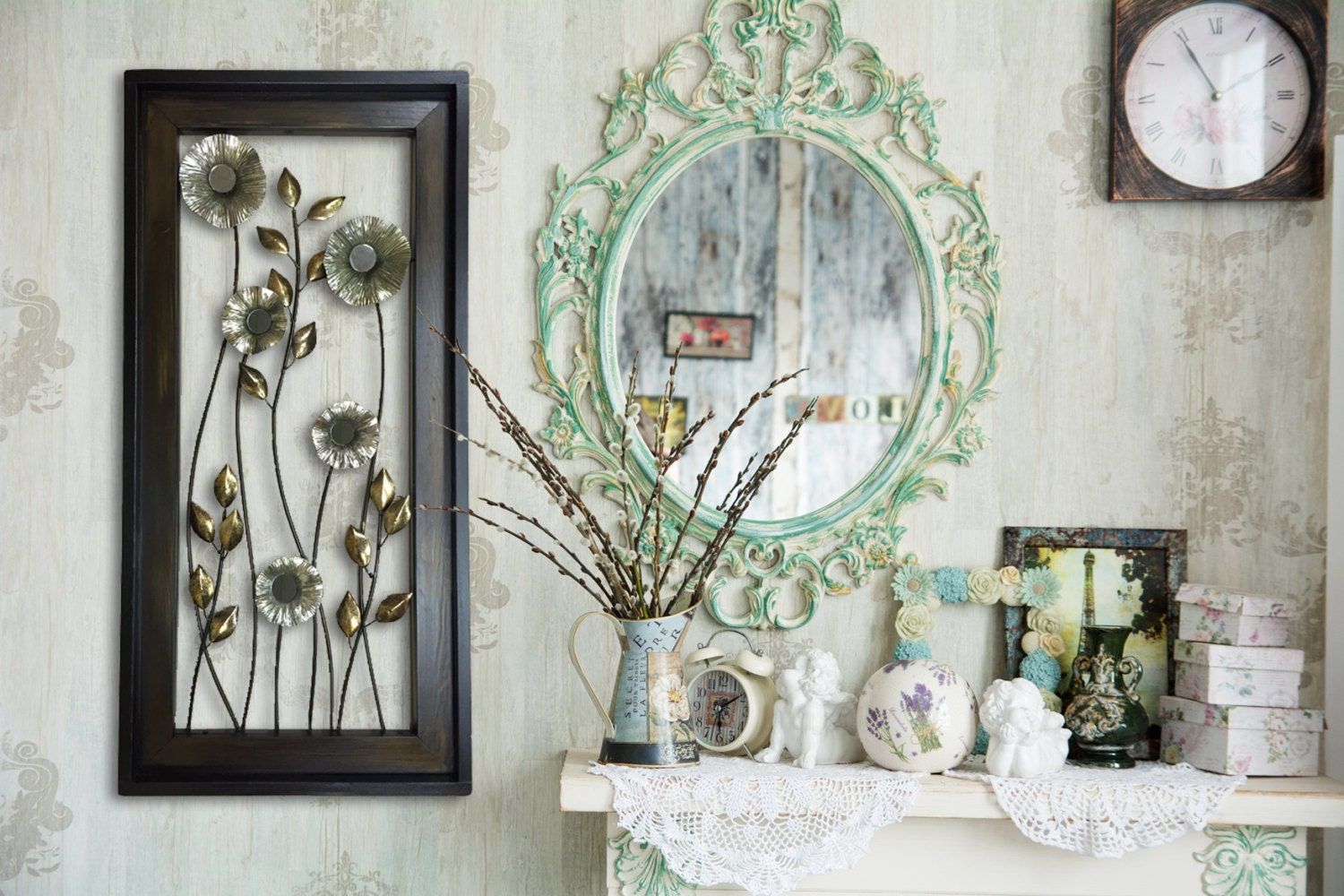 Metal Wall Art Wood Framed Flowers Mirrors Home Decor Large Vertical Throughout Metal Mirror Wall Art (View 8 of 15)