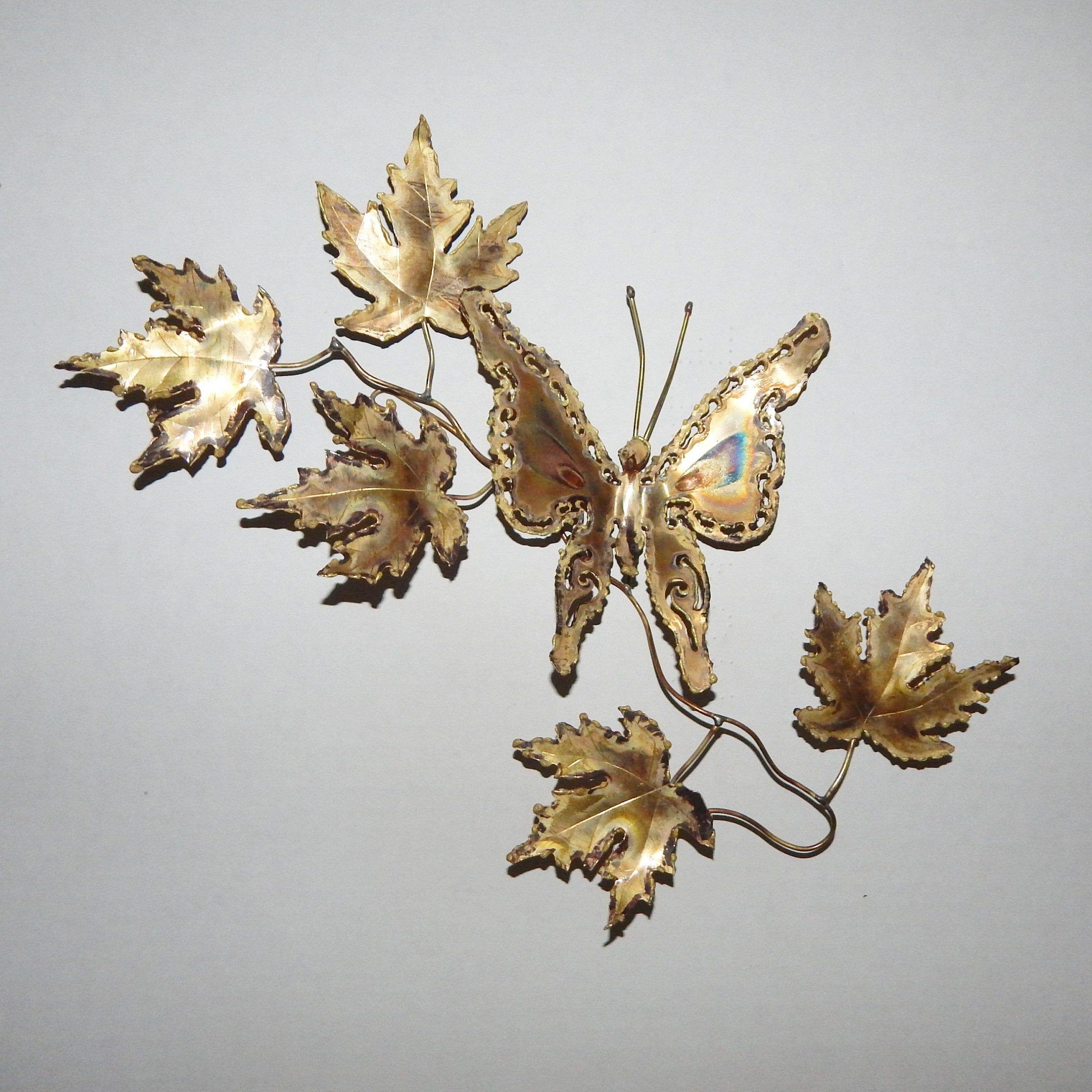Metal Wall Decor Butterfly & Leaves Gold Tone Vintage Home | Etsy For Antique Silver Metal Wall Art Sculptures (View 6 of 15)