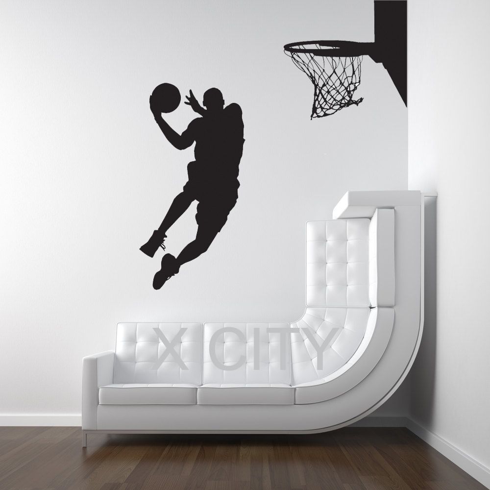 Michael Jordan Basketball Player Dunk Ball Dorm Decor Silhouette Wall In Silhouette Wall Art (View 7 of 15)