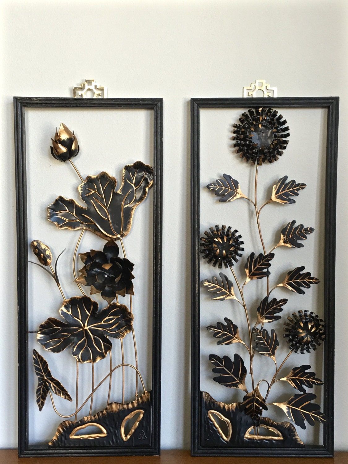 Mid Century Asian Metal Wall Art Panels Gold Black Floral Pair Inside Black Antique Silver Metal Wall Art (View 2 of 15)