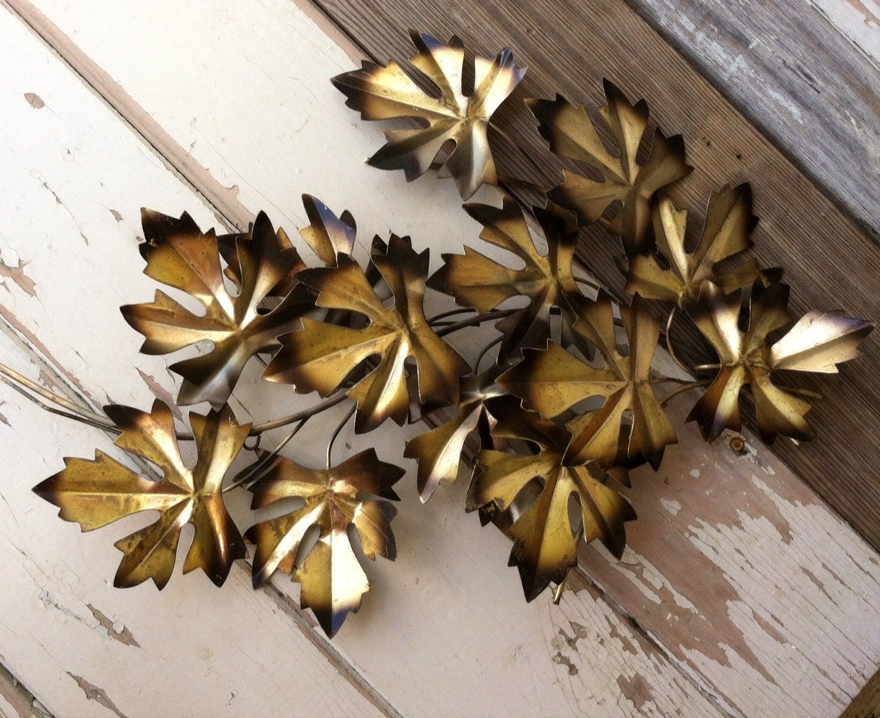 Mid Century Modern Burnished Gold Leaf Wall Art Vintage Inside Gold Leaves Wall Art (View 6 of 15)