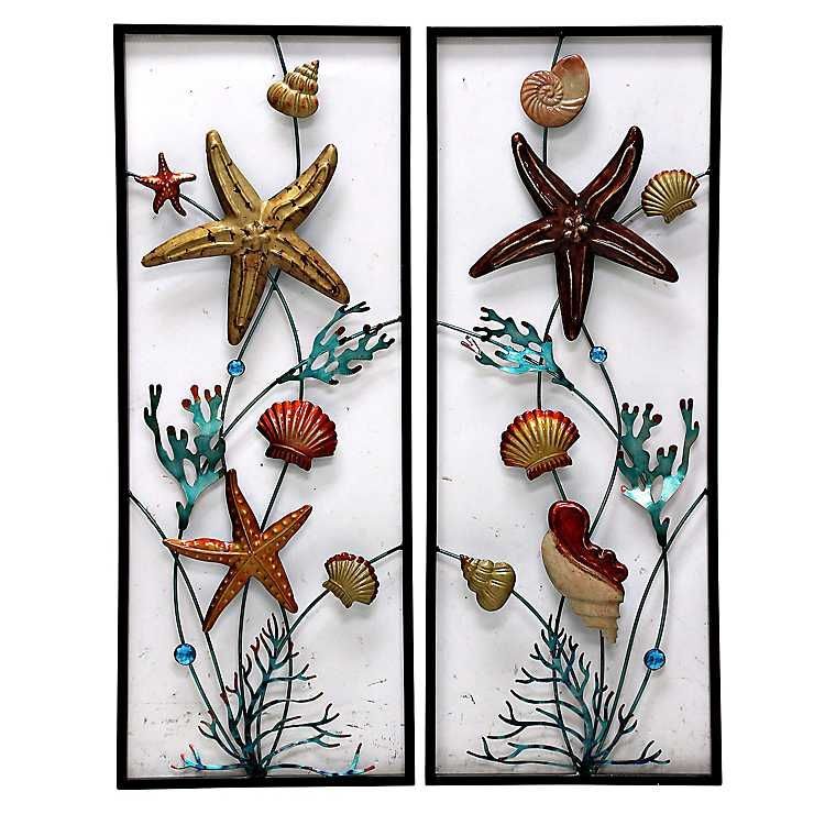 Nautical Metal Panel Plaques, Set Of 2 | Coral Wall Art, Metal Wall Art In Lighthouse Wall Art (View 14 of 15)