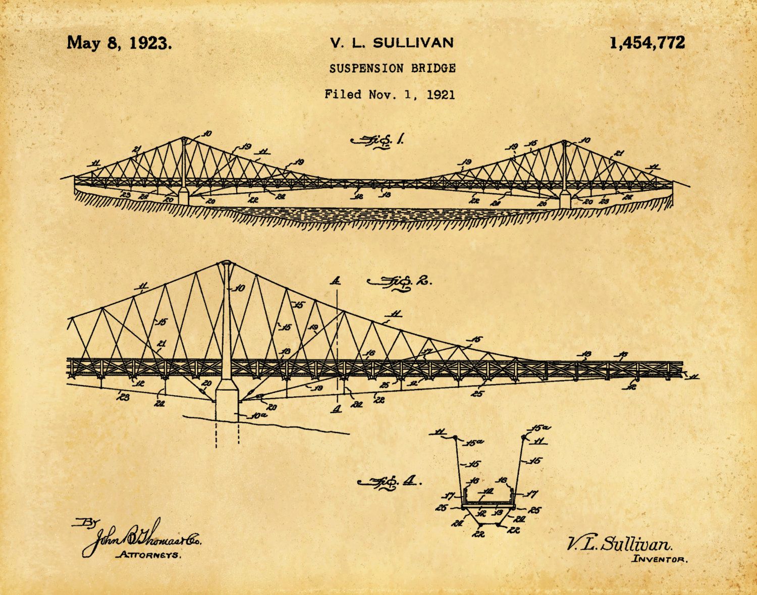 Patent 1923 Suspension Bridge – Art Print – Poster Print – Wall Art Regarding Bridge Wall Art (View 15 of 15)
