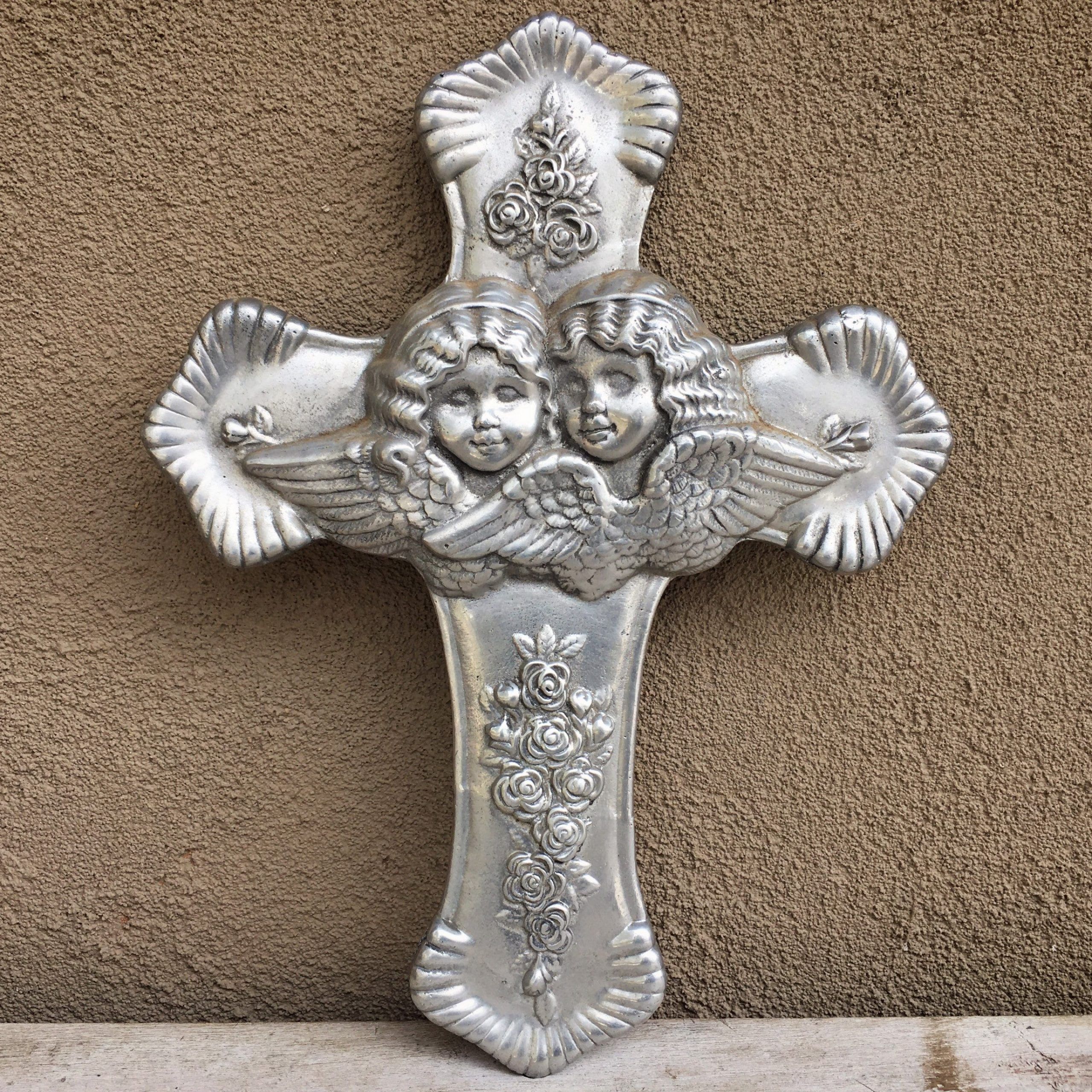 Pewter Metal Wall Cross With Winged Angels, Mexican Rustic Home Decor For Pewter Metal Wall Art (View 7 of 15)