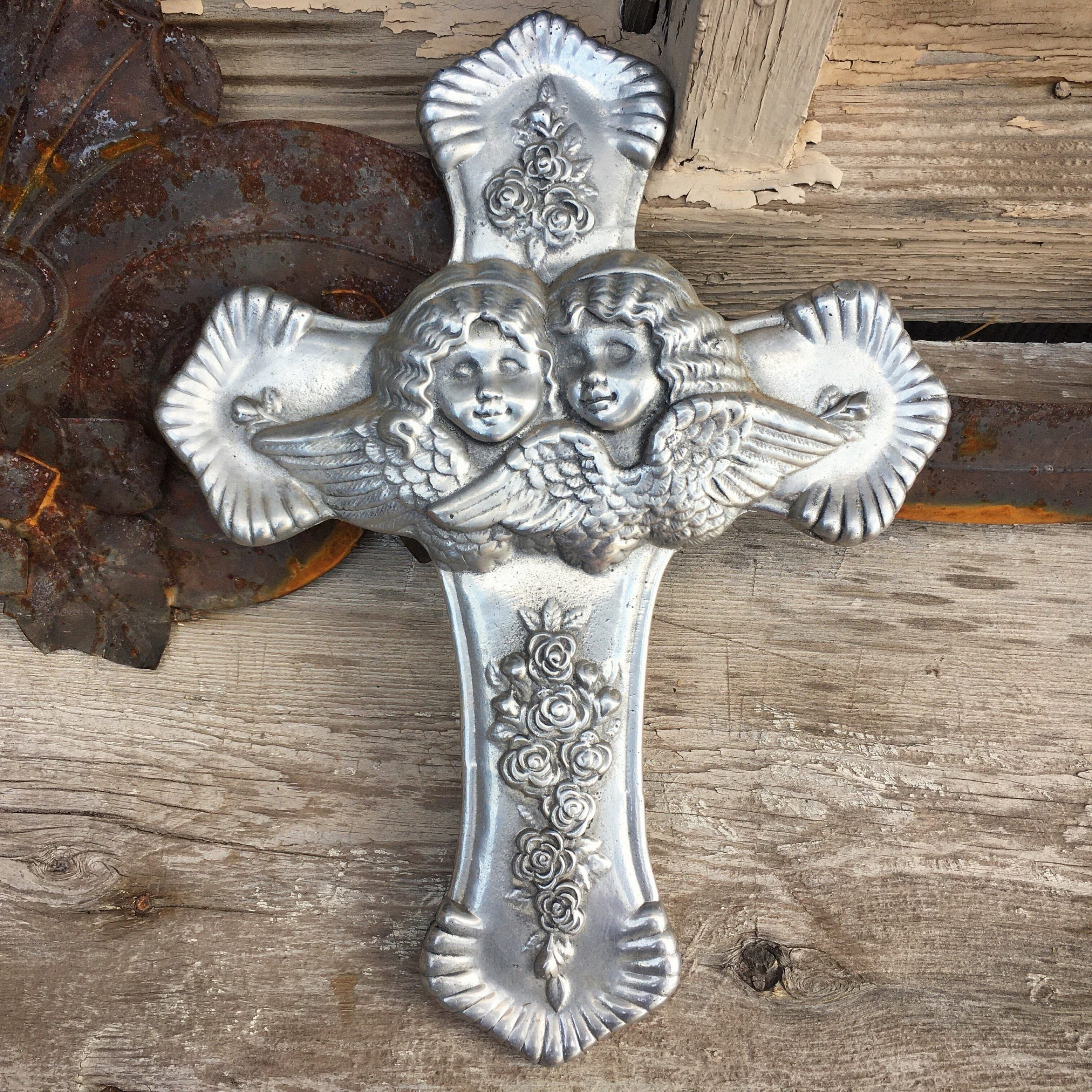 Pewter Metal Wall Cross With Winged Angels, Mexican Rustic Home Decor In Pewter Metal Wall Art (View 11 of 15)