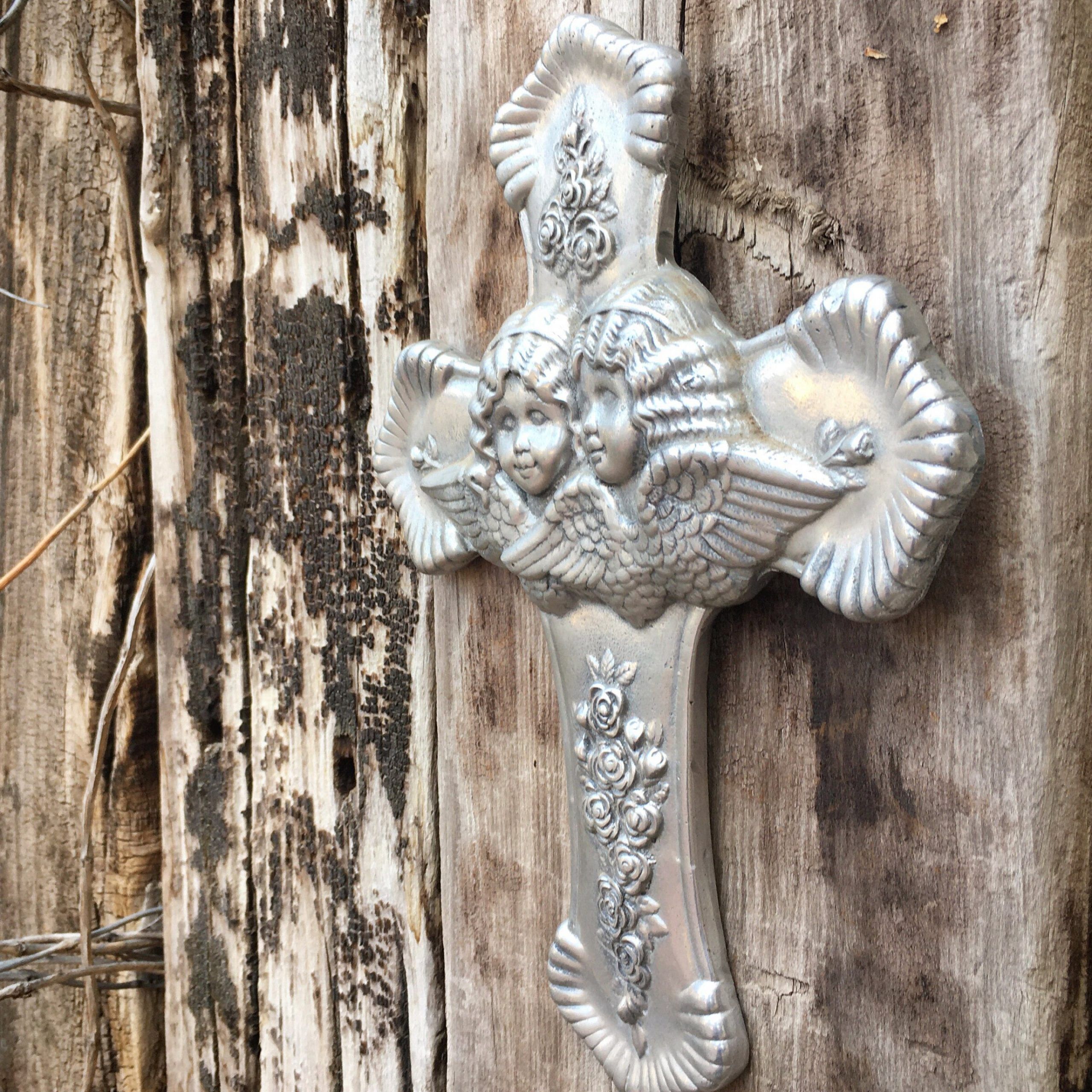 Pewter Metal Wall Cross With Winged Angels, Mexican Rustic Home Decor Throughout Pewter Metal Wall Art (View 9 of 15)