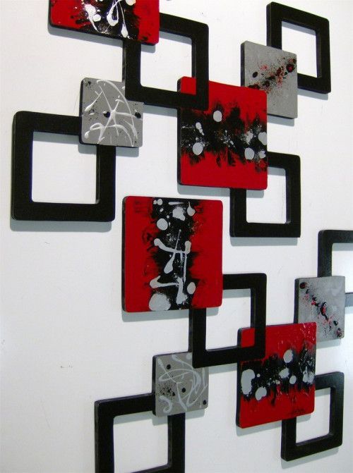 Red Black Gray Geometric Squares Wall Sculpture Wall Hanging Over 4Ft For Square Black Metal Wall Art (View 15 of 15)