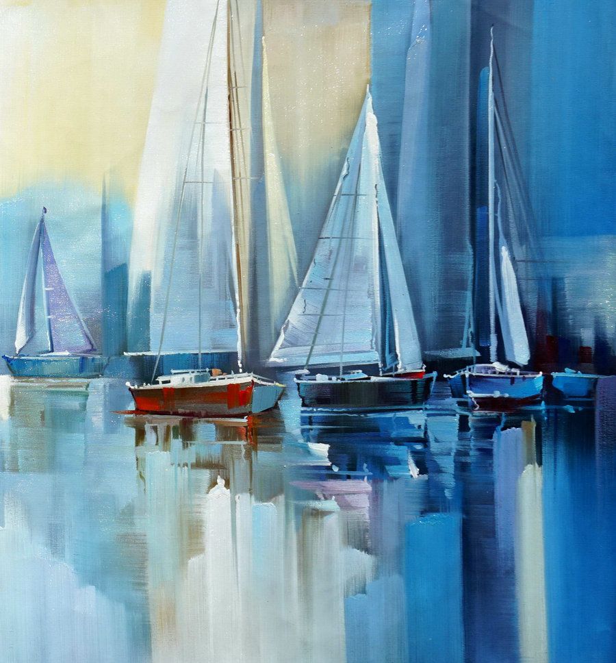 Regatta Seascape Sailing Boat Sailboat Yachting Hand Painted Modern With Regard To Sail Wall Art (View 13 of 15)
