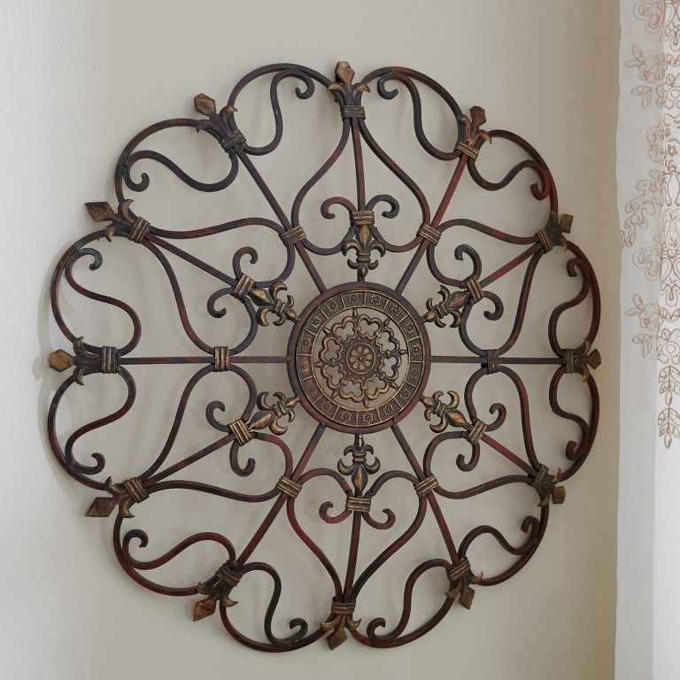 Round Wrought Iron Wall Decor Scroll Fleur De Lis Antique Vintage Decor Pertaining To Antique Silver Metal Wall Art Sculptures (View 13 of 15)