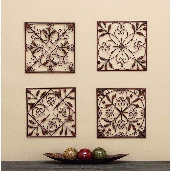 Scrolled Wall Art 4 Pc Set Square Metal Iron Mount Brown Leaf Antique Within Square Wall Art (View 13 of 15)