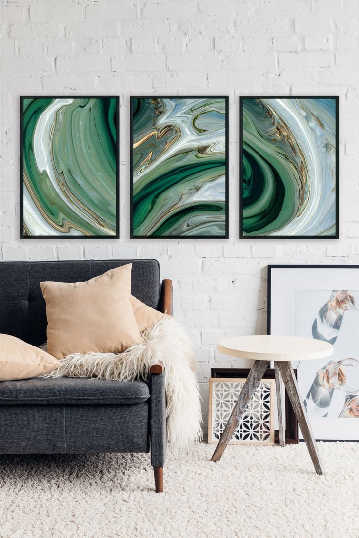 Set Of 3 Emerald Marble Gold Swirl Digital Art Prints Emerald | Etsy In Intended For Swirly Rectangular Wall Art (View 8 of 15)