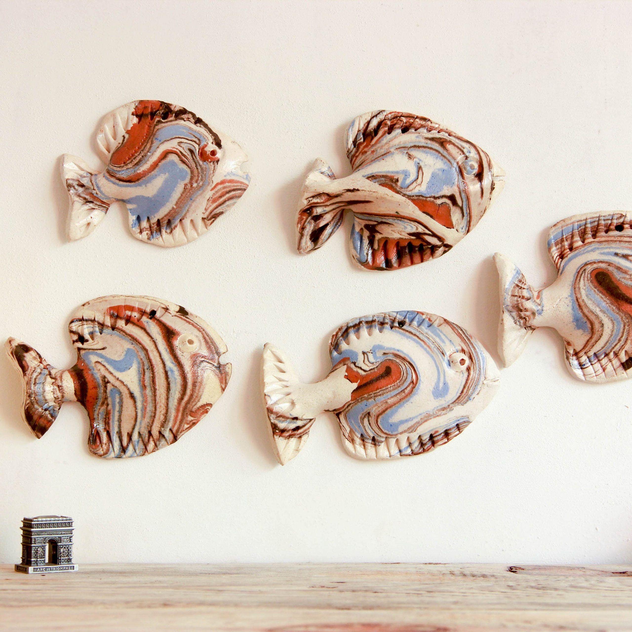 Set Of 5 Fish School Wall Decor Ceramic Fish Sculpture 3D Regarding Fish Wall Art (View 6 of 15)