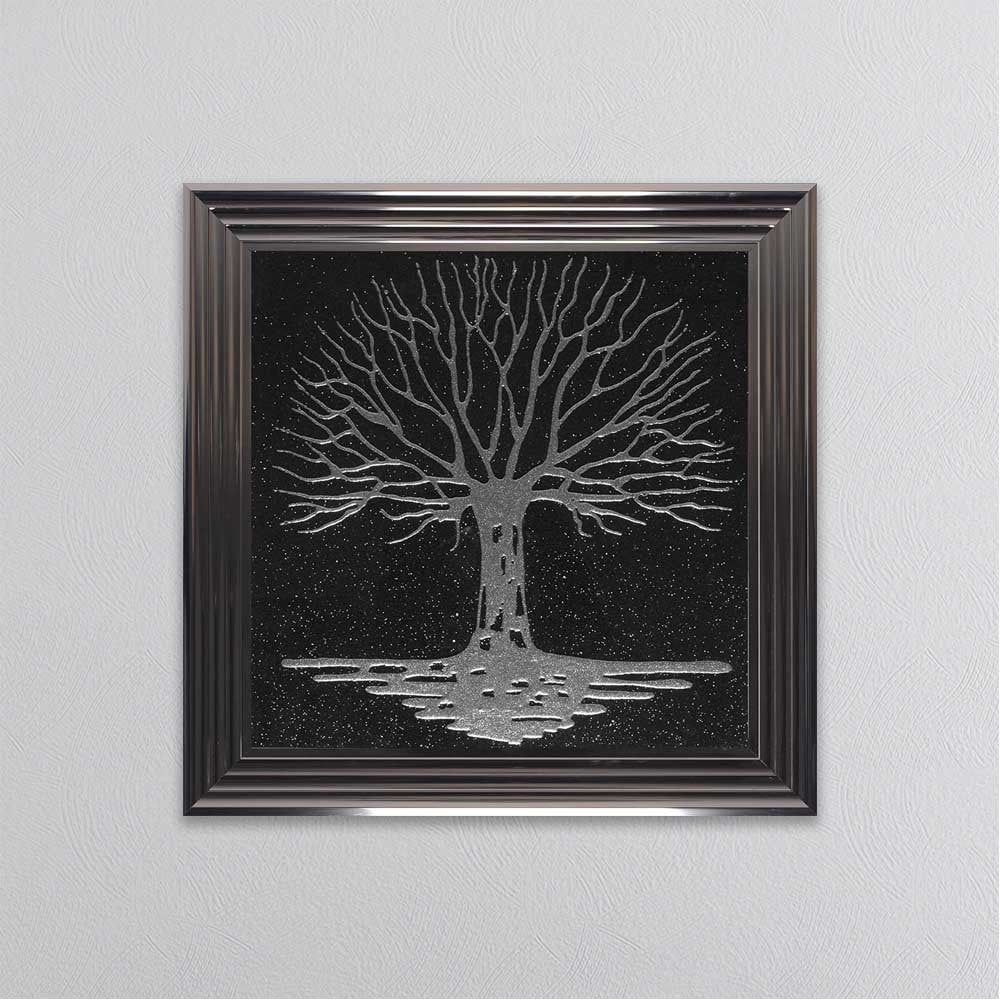 Shh Interiors Tree Of Life Glitter Silver On Black Framed Wall Art | 1wall With Black Antique Silver Metal Wall Art (View 9 of 15)