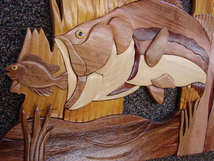 Solid Wood Intarsia Bass With Bait Fish Wall Decor Fishing Theme With Regard To The Bassist Wall Art (View 5 of 15)