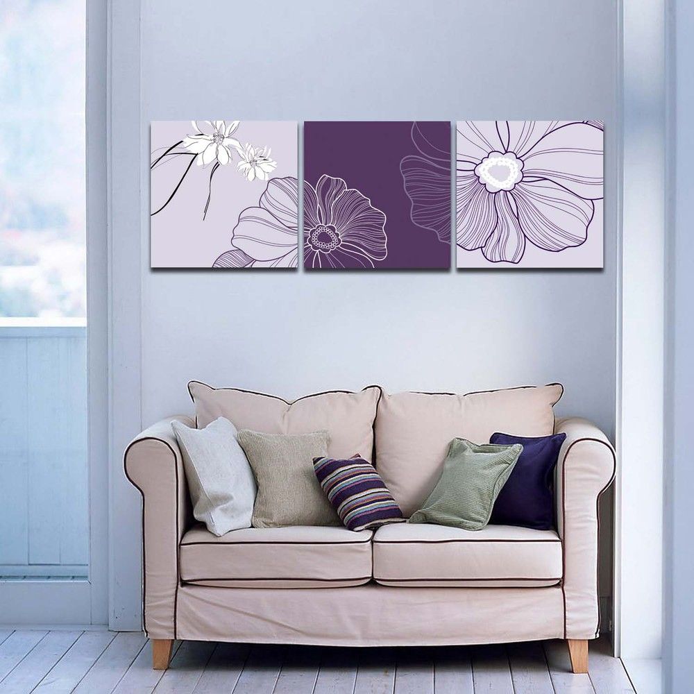 Square 3 Piece Set Simple Purple White Flower Painting Office Home Wall For Square Canvas Wall Art (View 3 of 15)