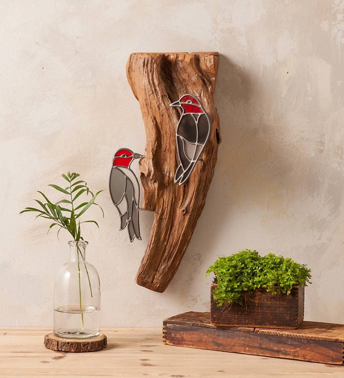 Stained Glass Woodpeckers On Natural Teak Wood Wall Art | Wind And Weather Within Natural Wall Art (View 1 of 15)
