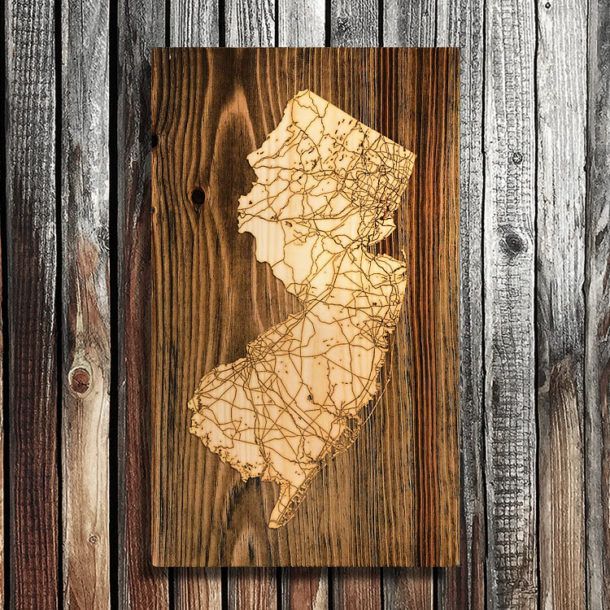 State Of New Jersey Laser Burnt Wood Map | State Of Nj Map Engraved In New Jersey Wall Art (View 7 of 15)