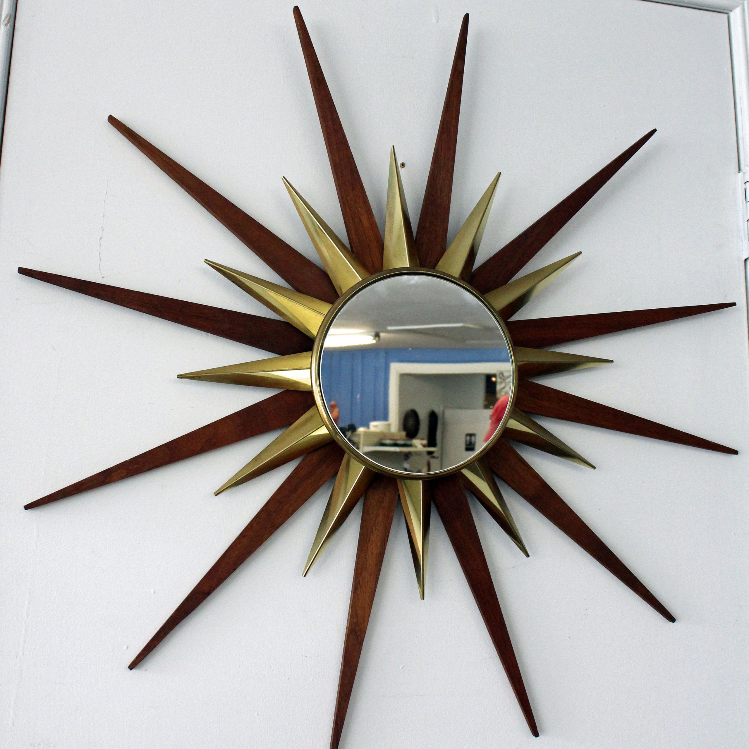Sunburst Mirror Mid Century Danish Modern Walnut & Brass Wall Mirror Pertaining To Sunburst Mirrored Wall Art (View 5 of 15)