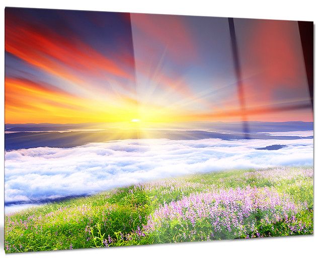 "sunrise With Blooming Flowers" Landscape Art Glossy Metal Wall Art For Sunrise Metal Wall Art (View 4 of 15)