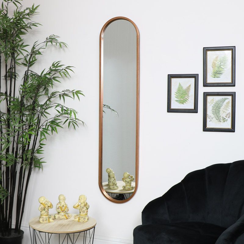 Tall Slim Gold Oval Mirror Oblong Minimlaist Scandi Home Wall Decor Art Intended For Gold Metal Mirrored Wall Art (View 4 of 15)
