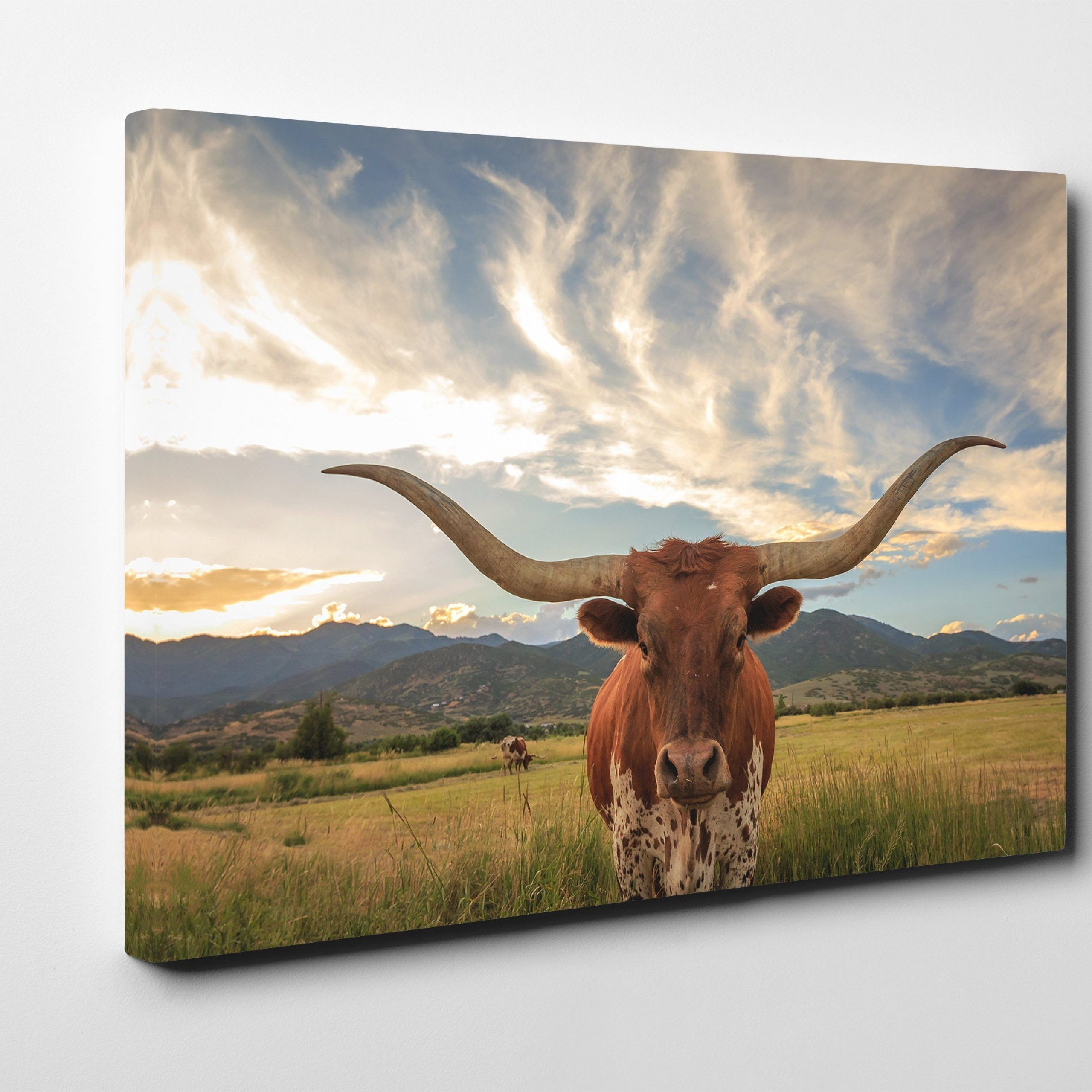 Texas Longhorn Steer Framed Canvas Leather Print/large Wall Art Throughout Long Horn Wall Art (View 5 of 15)