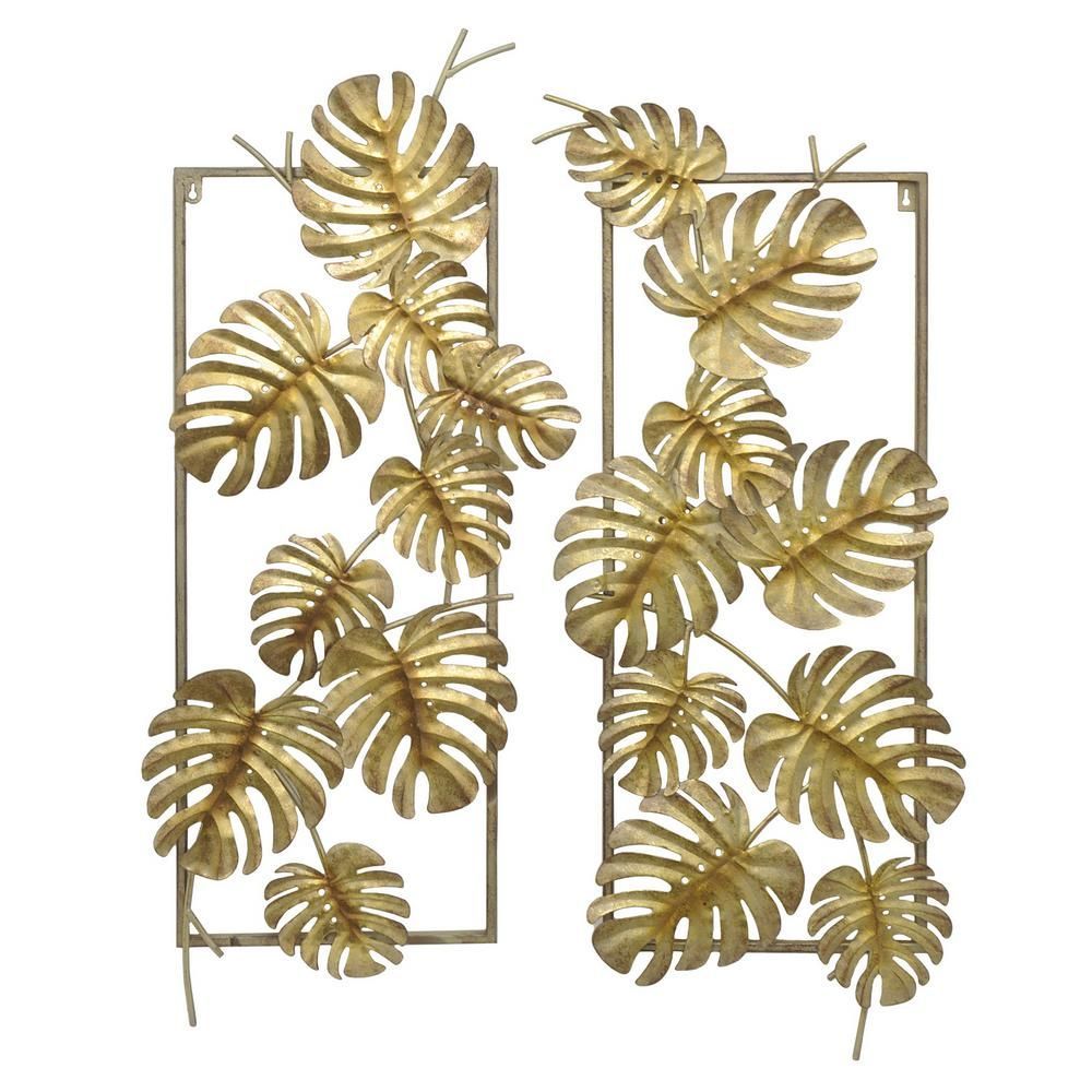 Three Hands Gold Metal Tropical Leaves Wall Decor (Set Of 2) 10118 With Regard To Gold Fan Metal Wall Art (View 10 of 15)