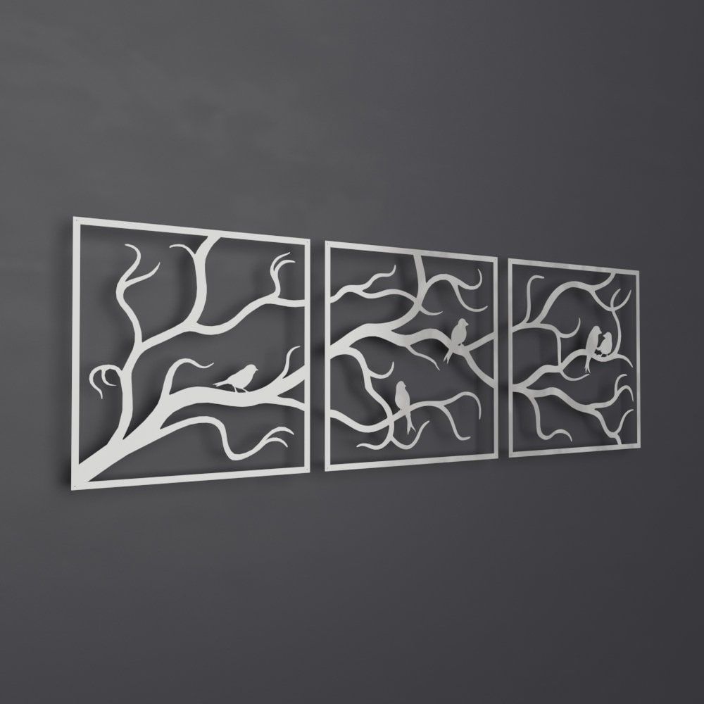 Tree Branches W/ Birds Outdoor Metal Wall Art, 3 Piece Multi Panel Art Regarding Mmulti Color Metal Wall Art (View 11 of 15)