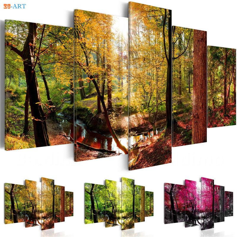 Trees Creek Sunshine Prints Canvas Painting 5 Pieces Forest Landscape Throughout Natural Wall Art (View 6 of 15)